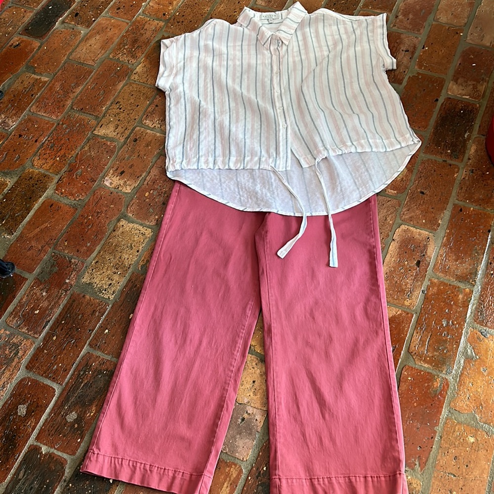 Hayden La Draw String Waist Button Up Striped Top… - image 7